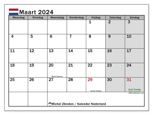 Nederland, kalender maart 2024, om af te drukken, gratis.