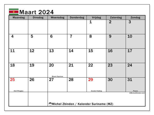 Calendário Março 2024 “Suriname”. Horário gratuito para impressão.. Segunda a domingo