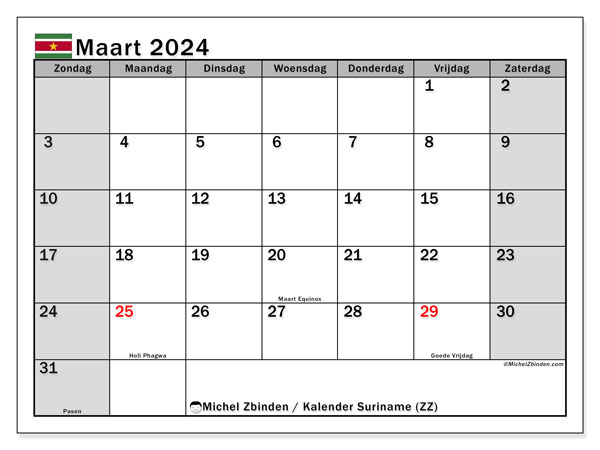 Kalender maart 2024 “Suriname”. Gratis afdrukbare kalender.. Zondag tot zaterdag