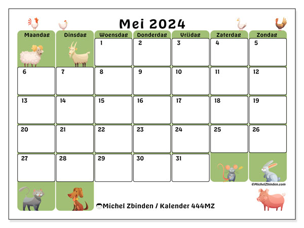 Kalender mei 2024 “444”. Gratis af te drukken agenda.. Maandag tot zondag