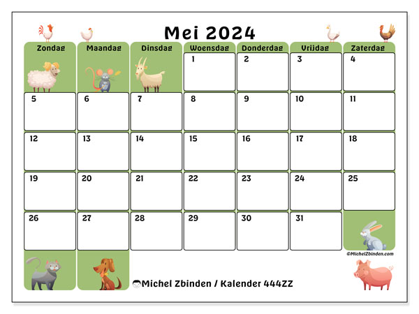 Kalender mei 2024 “444”. Gratis af te drukken agenda.. Zondag tot zaterdag