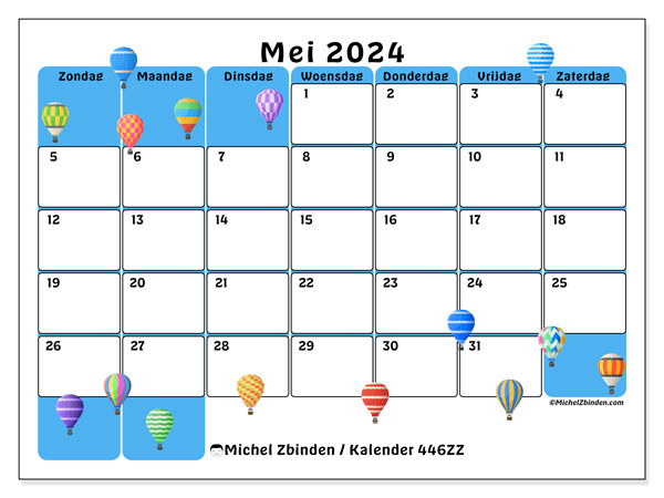 Kalender mei 2024 “446”. Gratis afdrukbaar programma.. Zondag tot zaterdag