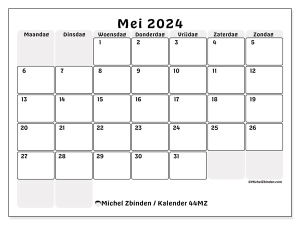 Kalender mei 2024 “44”. Gratis printbare kaart.. Maandag tot zondag