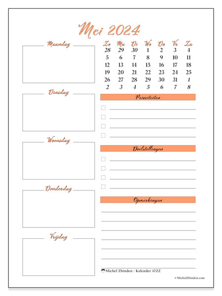 Kalender mei 2024 “47”. Gratis afdrukbare kalender.. Zondag tot zaterdag