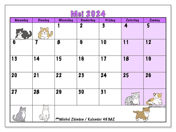 Kalender mei 2024 “481”. Gratis af te drukken agenda.. Maandag tot zondag