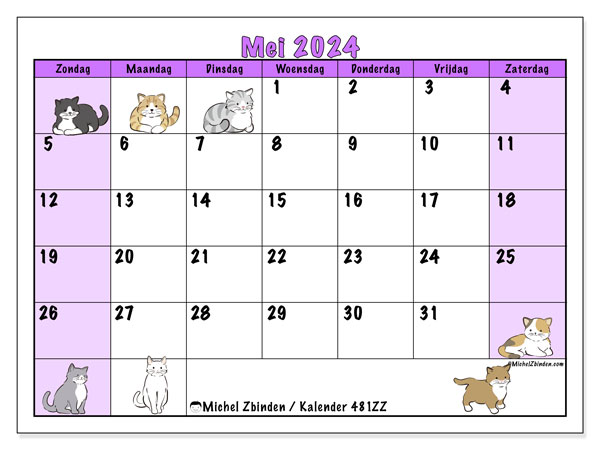 Kalender mei 2024, 481ZZ. Gratis printbaar schema.