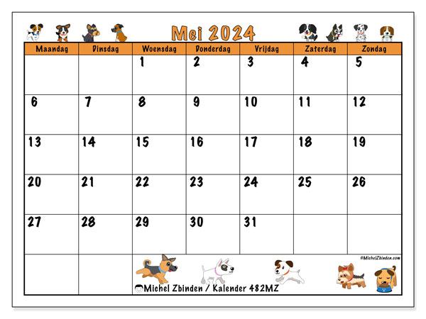 Kalender mei 2024 “482”. Gratis afdrukbare kalender.. Maandag tot zondag