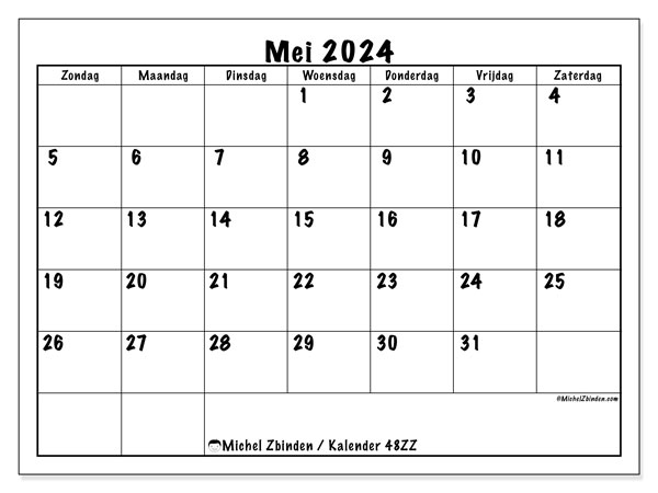 Kalender mei 2024 “48”. Gratis afdrukbaar programma.. Zondag tot zaterdag