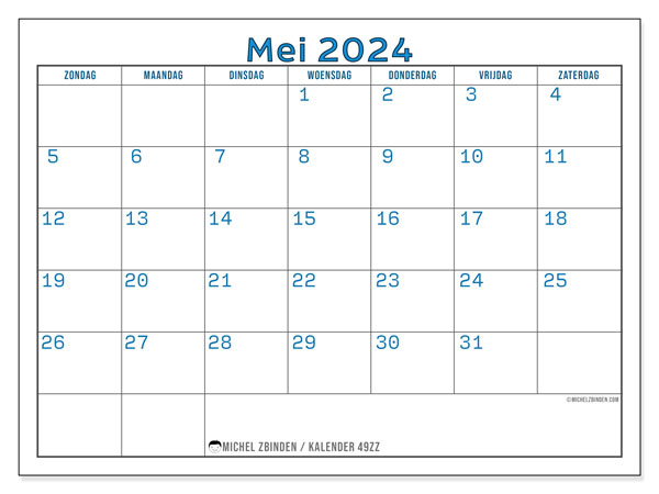 Kalender om af te drukken, mei 2024, 49ZZ