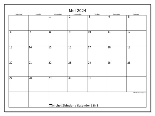 Kalender mei 2024 “53”. Gratis af te drukken agenda.. Maandag tot zondag