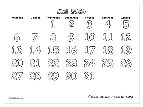 Kalender mei 2024 “56”. Gratis af te drukken agenda.. Maandag tot zondag