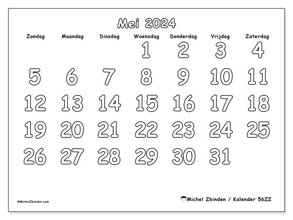 Kalender mei 2024 “56”. Gratis af te drukken agenda.. Zondag tot zaterdag