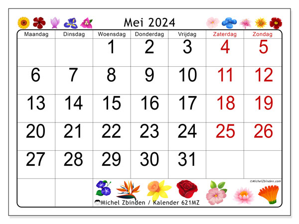 Kalender mei 2024 “621”. Gratis afdrukbaar programma.. Maandag tot zondag