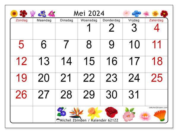 Kalender mei 2024 “621”. Gratis afdrukbaar programma.. Zondag tot zaterdag