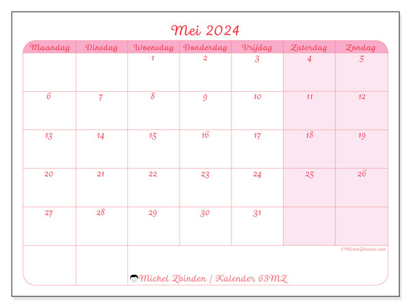 Kalender mei 2024 “63”. Gratis af te drukken agenda.. Maandag tot zondag