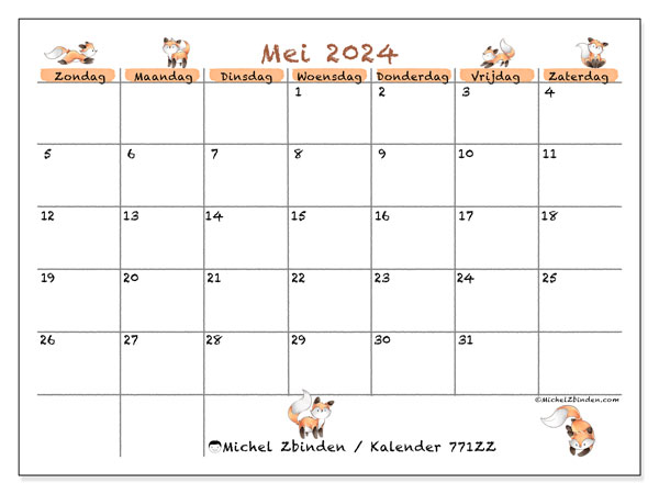 Kalender om af te drukken, mei 2024, 771ZZ
