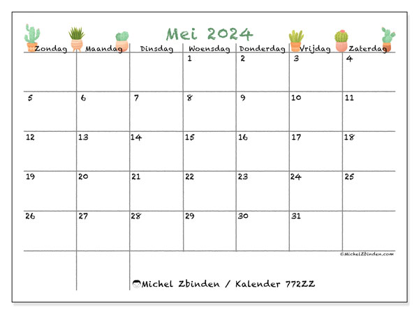 Kalender mei 2024 “772”. Gratis printbaar schema.. Zondag tot zaterdag