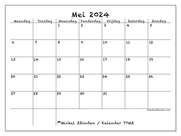 Kalender mei 2024 “77”. Gratis af te drukken agenda.. Maandag tot zondag