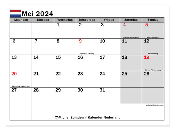 Calendario maggio 2024 “Paesi Bassi”. Piano da stampare gratuito.. Da lunedì a domenica