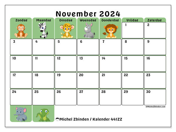 Kalender november 2024, 441ZZ. Gratis printbare kaart.