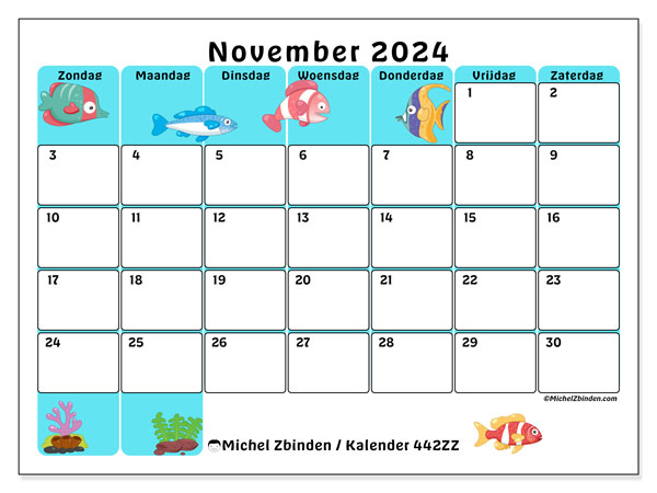 Kalender november 2024 “442”. Gratis printbaar schema.. Zondag tot zaterdag