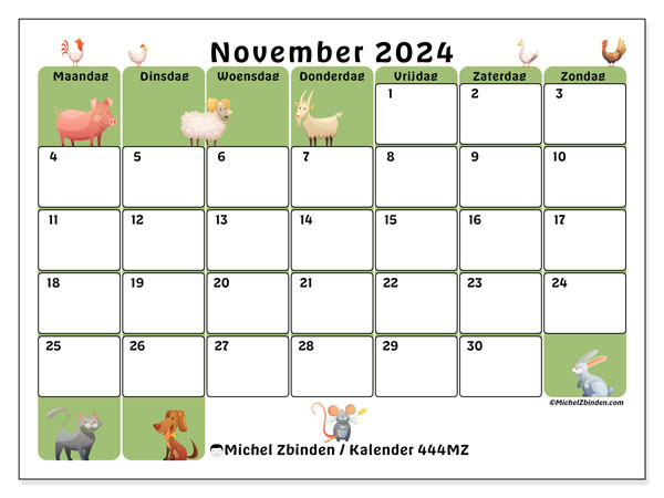 Kalender november 2024 “444”. Gratis printbare kaart.. Maandag tot zondag