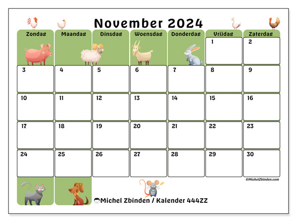 Kalender november 2024 “444”. Gratis printbare kaart.. Zondag tot zaterdag