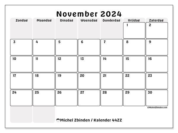 Kalender november 2024 “44”. Gratis printbare kaart.. Zondag tot zaterdag