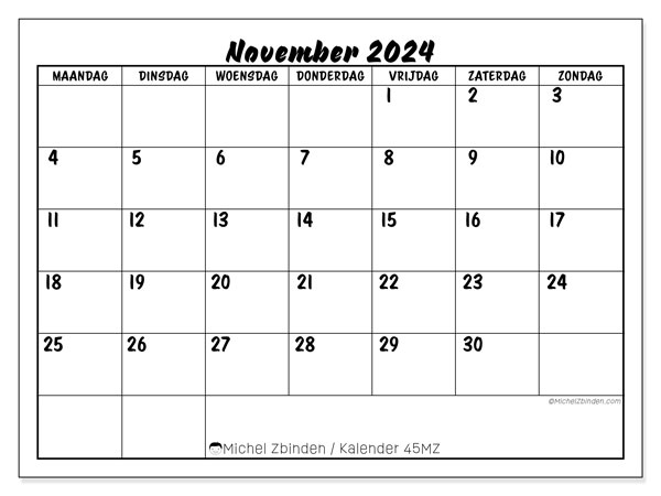 Kalender november 2024, 45ZZ. Gratis printbare kaart.