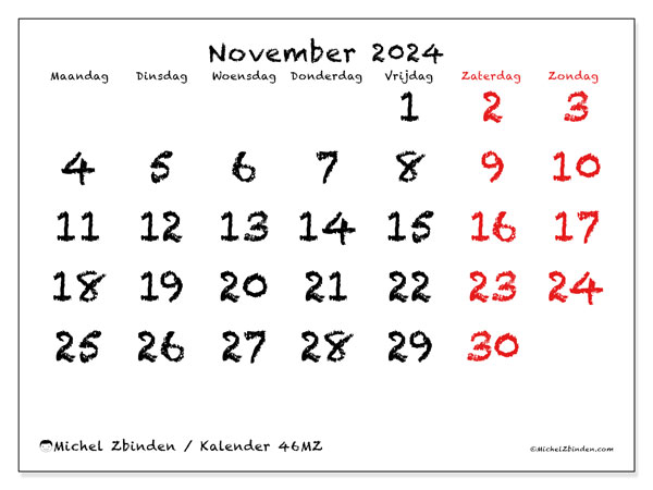 Kalender november 2024, 46ZZ. Gratis printbare kaart.