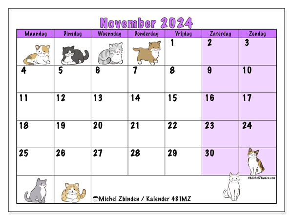 Kalender november 2024 “481”. Gratis af te drukken agenda.. Maandag tot zondag