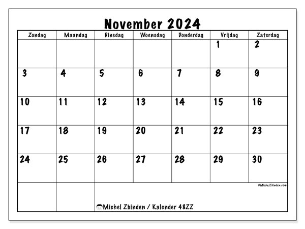 Kalender november 2024, 48ZZ. Gratis printbare kaart.