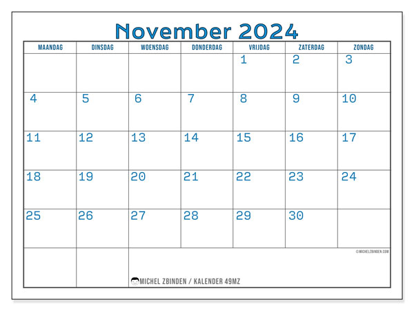 Kalender november 2024, 49MZ. Gratis printbare kaart.