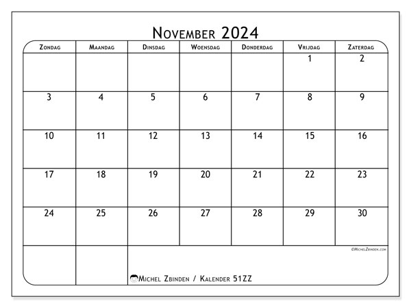 Kalender november 2024 “51”. Gratis afdrukbaar programma.. Zondag tot zaterdag