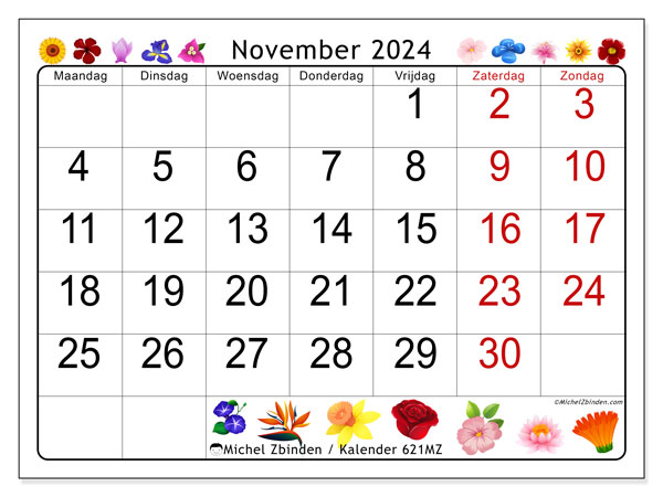 Kalender november 2024 “621”. Gratis af te drukken agenda.. Maandag tot zondag