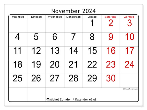 62MZ, kalender november 2024, om af te drukken, gratis.