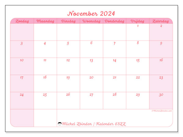 Kalender november 2024 “63”. Gratis af te drukken agenda.. Zondag tot zaterdag
