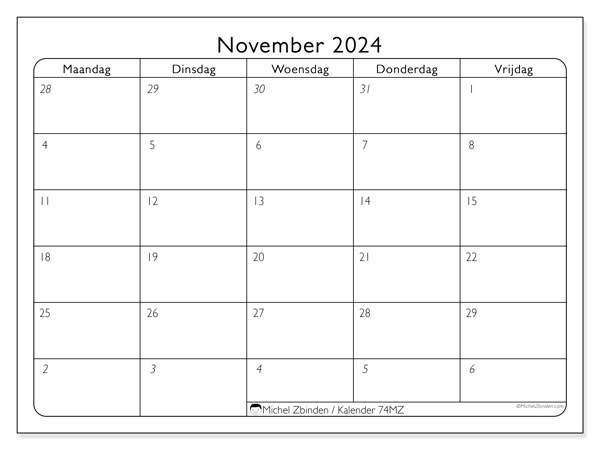 Kalender november 2024, 74ZZ. Gratis printbare kaart.