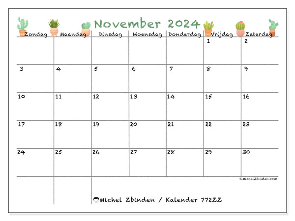 Kalender november 2024, 772ZZ. Gratis printbare kaart.