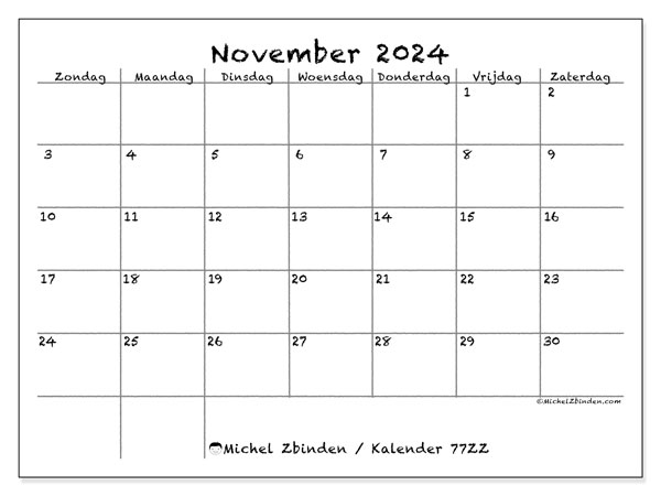 Kalender november 2024, 77ZZ. Gratis printbare kaart.