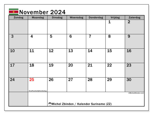 Kalender november 2024 “Suriname”. Gratis afdrukbare kalender.. Zondag tot zaterdag