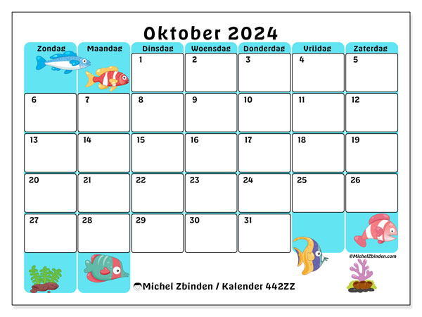 Kalender oktober 2024 “442”. Gratis printbaar schema.. Zondag tot zaterdag
