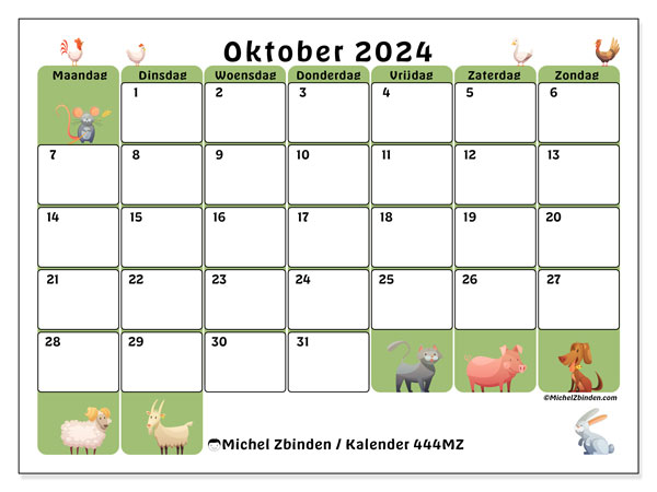 Kalender oktober 2024 “444”. Gratis afdrukbaar programma.. Maandag tot zondag