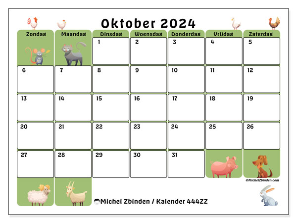 Kalender oktober 2024 “444”. Gratis afdrukbaar programma.. Zondag tot zaterdag