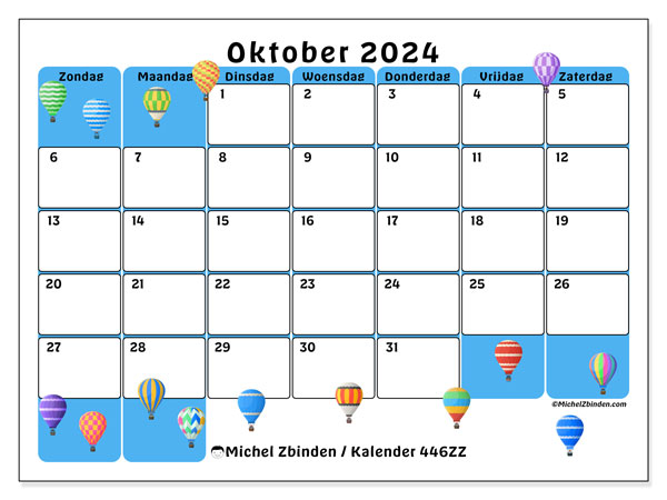 Kalender oktober 2024 “446”. Gratis afdrukbare kalender.. Zondag tot zaterdag