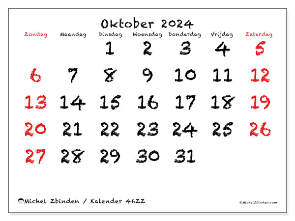 Kalender oktober 2024 “46”. Gratis afdrukbaar programma.. Zondag tot zaterdag