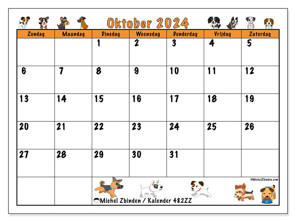 Kalender oktober 2024, 482ZZ. Gratis afdrukbare kalender.