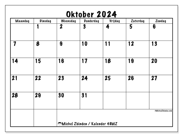 Kalender oktober 2024, 48ZZ. Gratis printbaar schema.