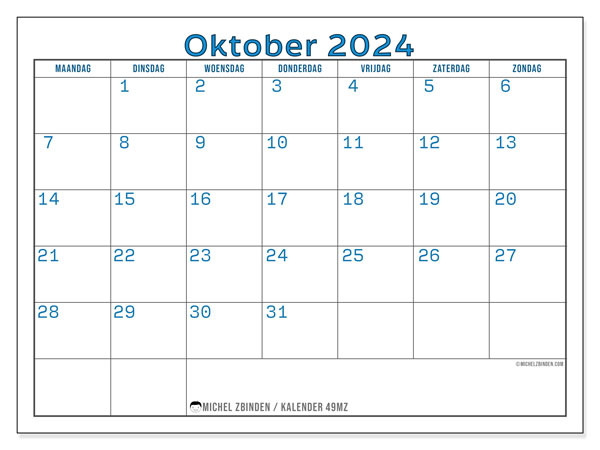 Kalender oktober 2024 “49”. Gratis afdrukbare kalender.. Maandag tot zondag