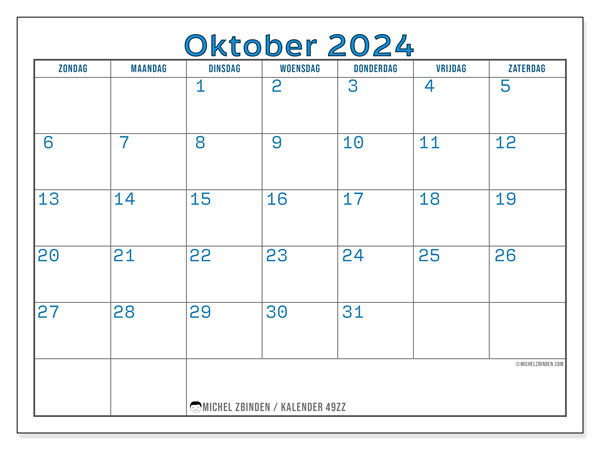 Kalender oktober 2024 “49”. Gratis afdrukbare kalender.. Zondag tot zaterdag